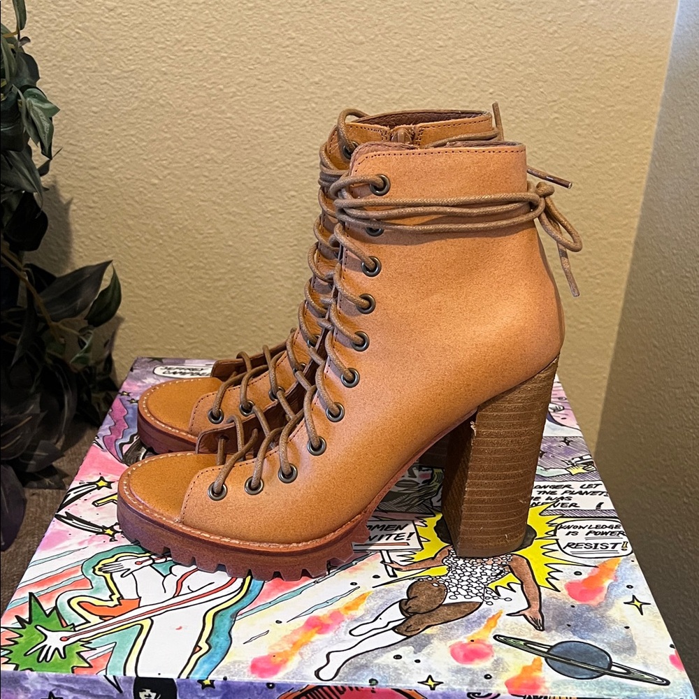 Jeffrey Campbell Tan Lace-Up Peep Toe Boots - Picture 3 of 9